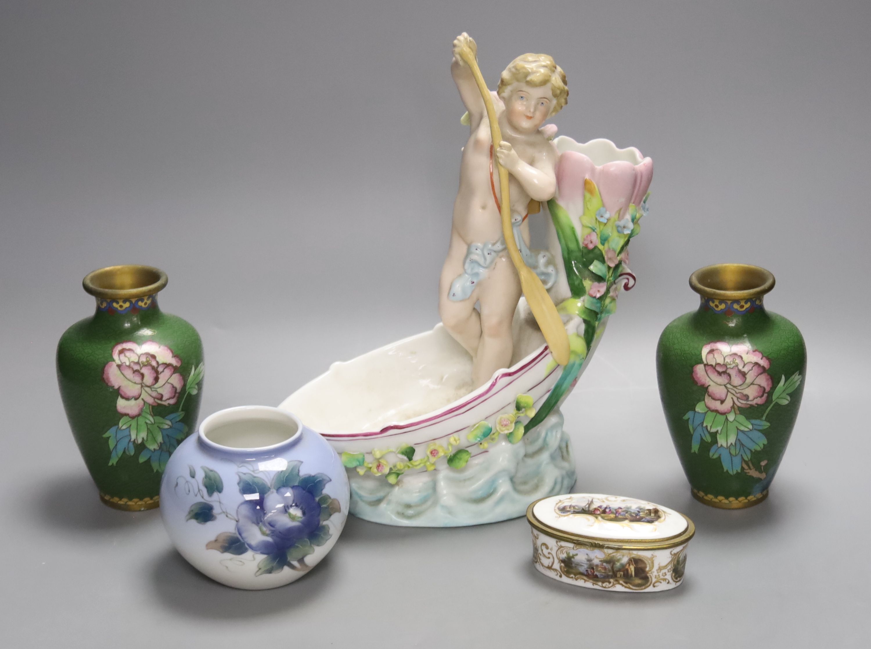 A Meissen style porcelain trinket box, a Royal Copenhagen vase, 9cm high, a cherub vase, 25cm high, and a pair of Chinese cloisonne enamel vases, 13cm high